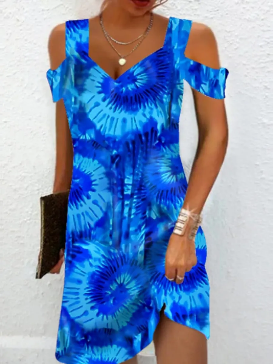 Akivide Womens Floral Boho Cold Shoulder Dress Summer Beach Vacation Casual Loose Knee Length Shift Tunic Dresses