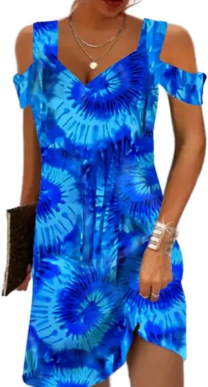 Akivide Womens Floral Boho Cold Shoulder Dress Summer Beach Vacation Casual Loose Knee Length Shift Tunic Dresses