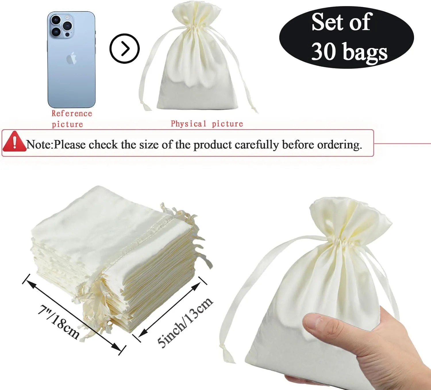 AKLVBL 30 Pack 5 x 7 Inches Beige Satin Gift Bags, Jewelry Bags, Drawstring Pouch, Wedding Favor Bags, Baby Shower Bags, silk bags…
