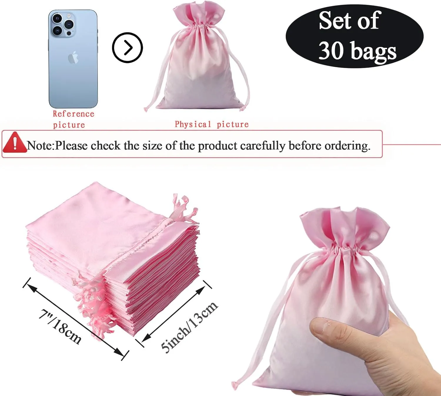AKLVBL 30 Pack Pink Satin Gift Bags - 5 x 7 Inches Jewelry Drawstring Pouches for Weddings, Baby Showers - Silk Favor Bags