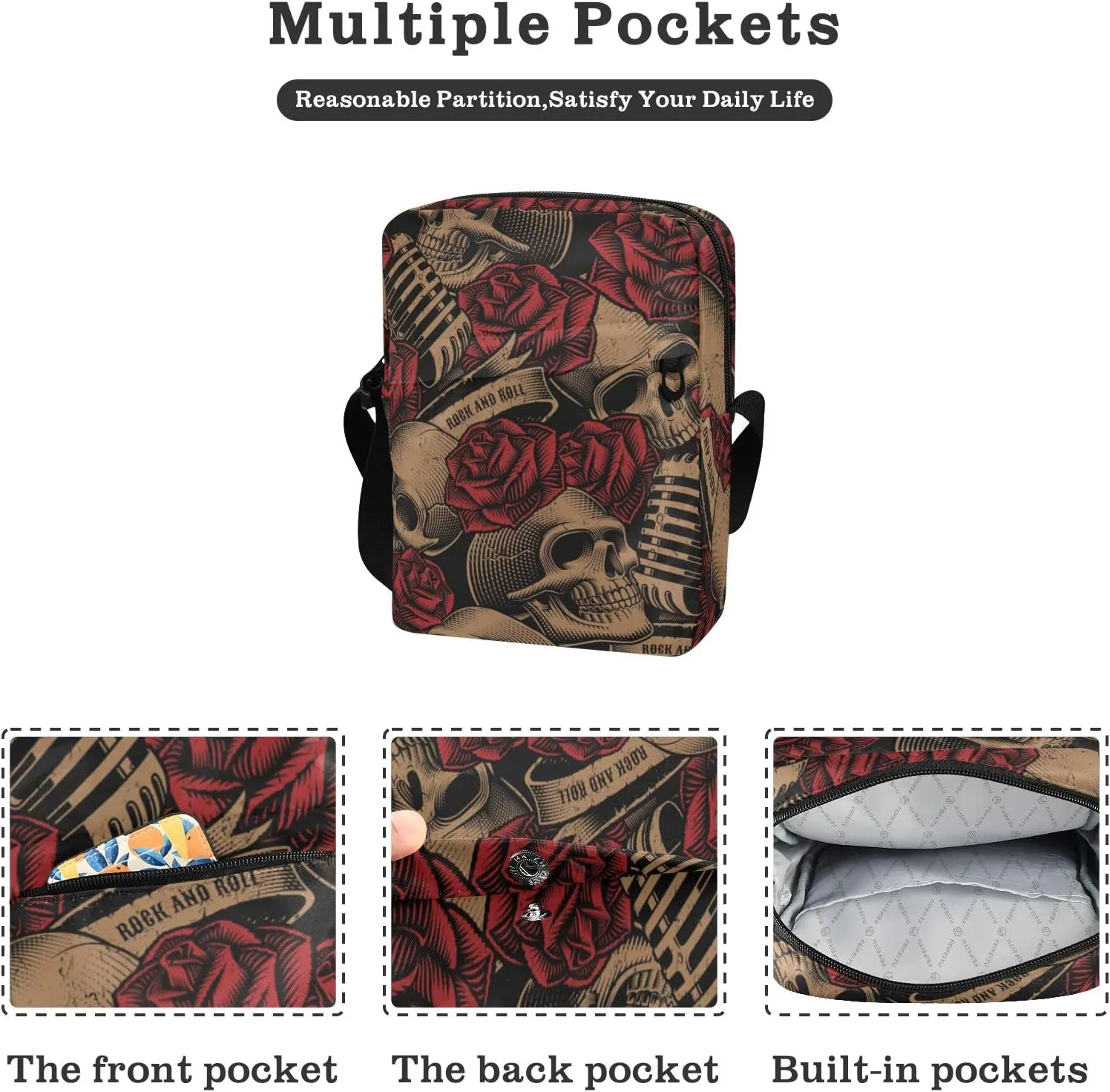 ALAZA Vintage Skulls Music Roses Crossbody Bag Small Messenger Bag Shoulder Bag with Zipper for Women Men