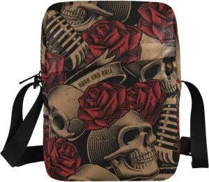 ALAZA Vintage Skulls Music Roses Crossbody Bag Small Messenger Bag Shoulder Bag with Zipper for Women Men