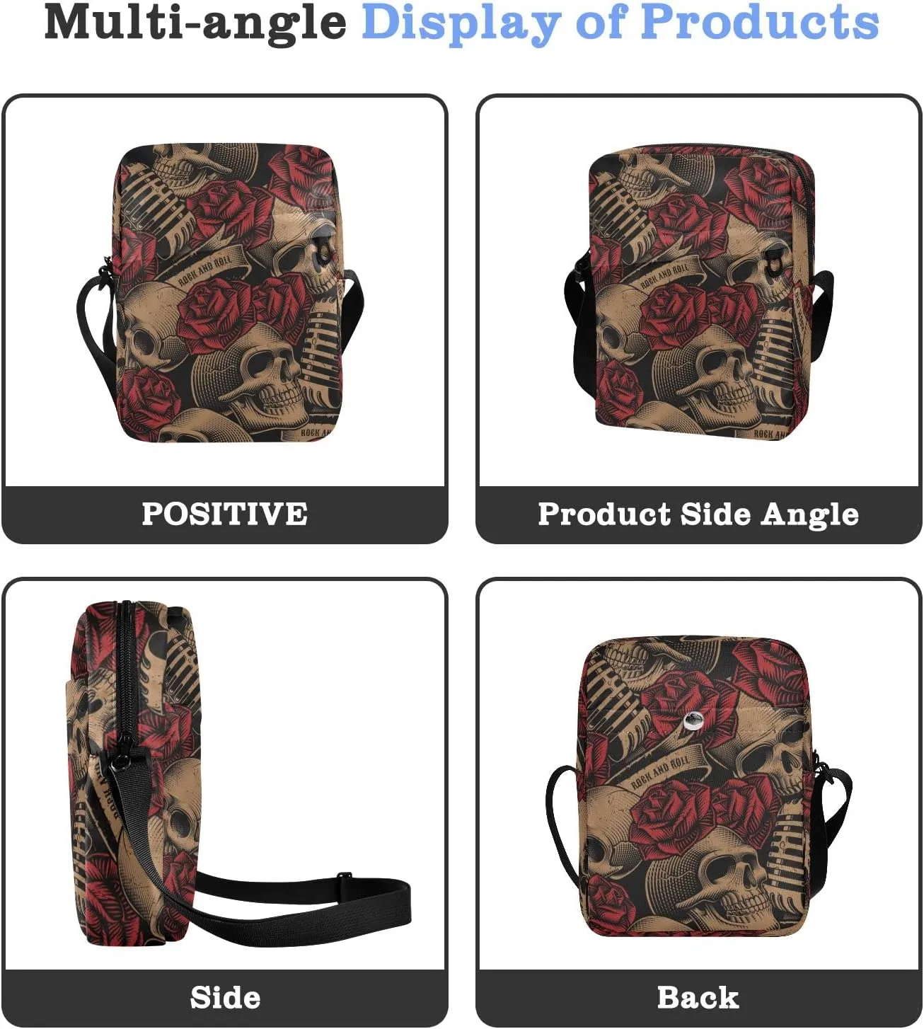 ALAZA Vintage Skulls Music Roses Crossbody Bag Small Messenger Bag Shoulder Bag with Zipper for Women Men