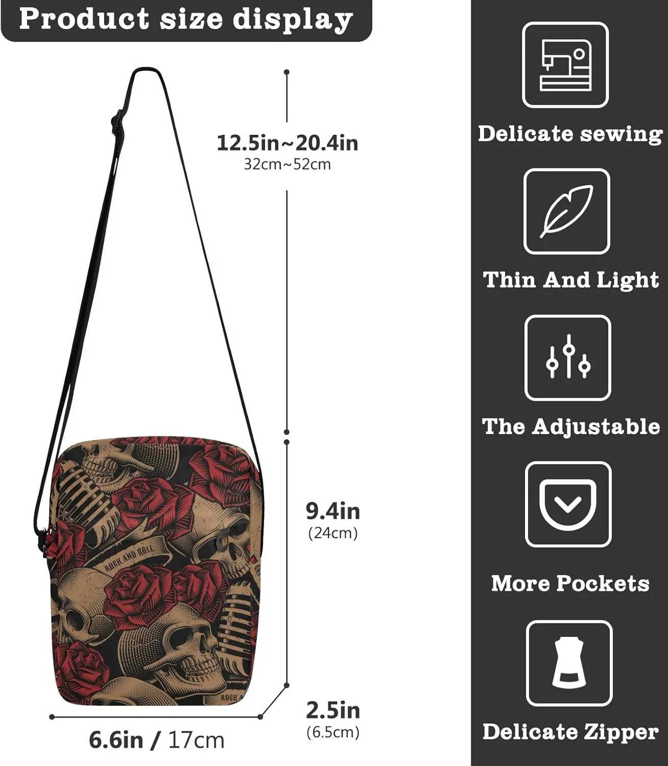 ALAZA Vintage Skulls Music Roses Crossbody Bag Small Messenger Bag Shoulder Bag with Zipper for Women Men
