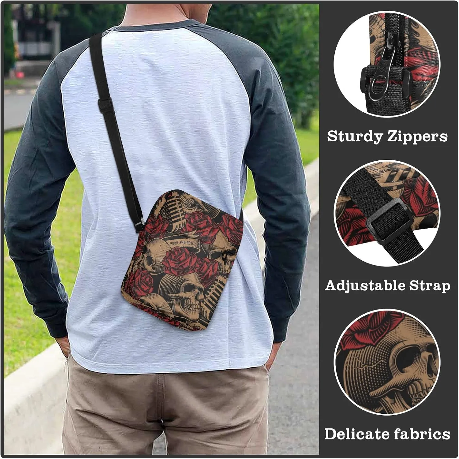 ALAZA Vintage Skulls Music Roses Crossbody Bag Small Messenger Bag Shoulder Bag with Zipper for Women Men