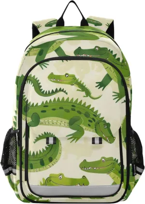Alligators Green Crocodile School Backpack Laptop Travel Backpack for Kids Girls Boys, Computer Notebooks Bookbag with Reflective Stripes