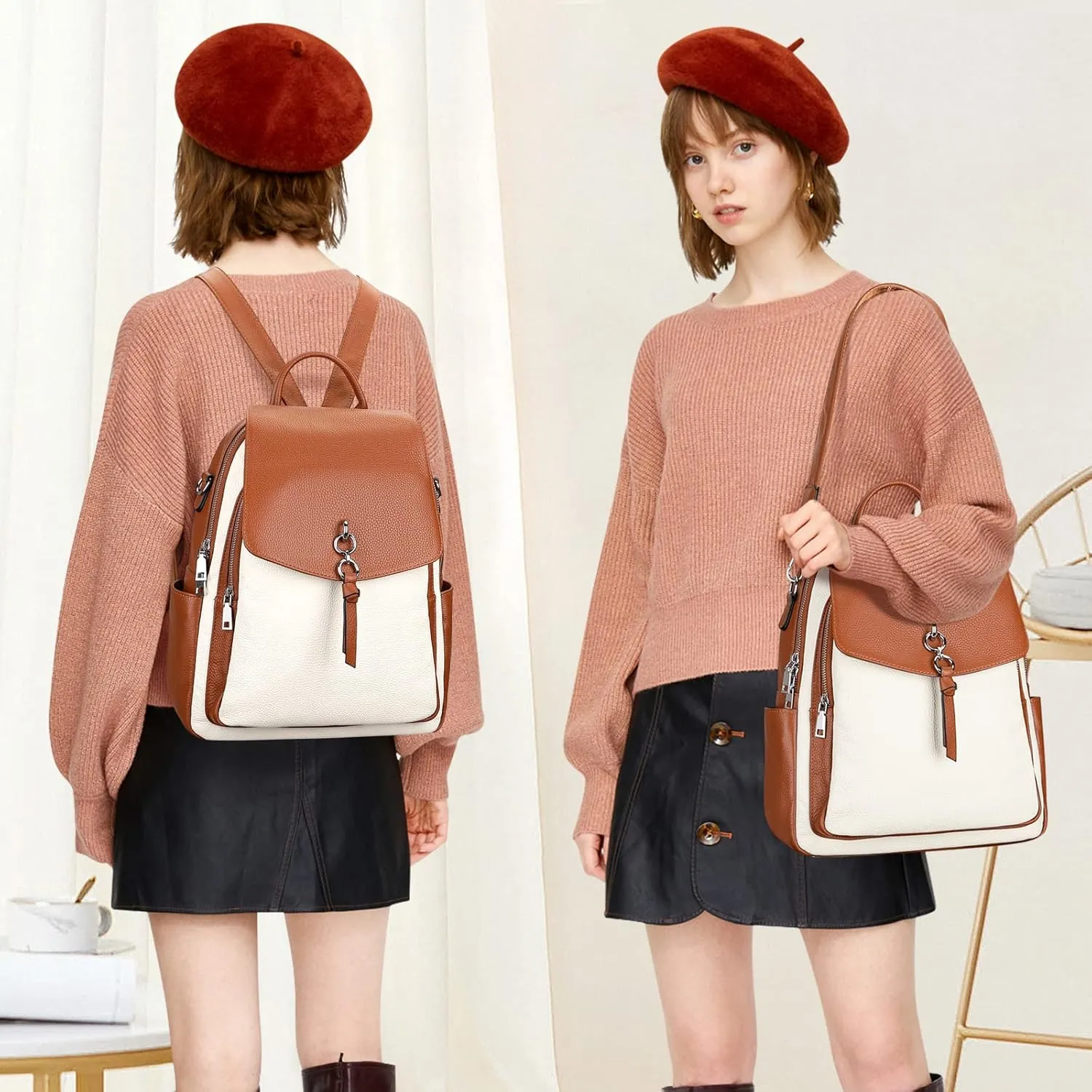 ALTOSY Women Leather Backpack Purse Fashion Convertible Ladies Shoulder Bag with Flap (S96 Beige/Brown)