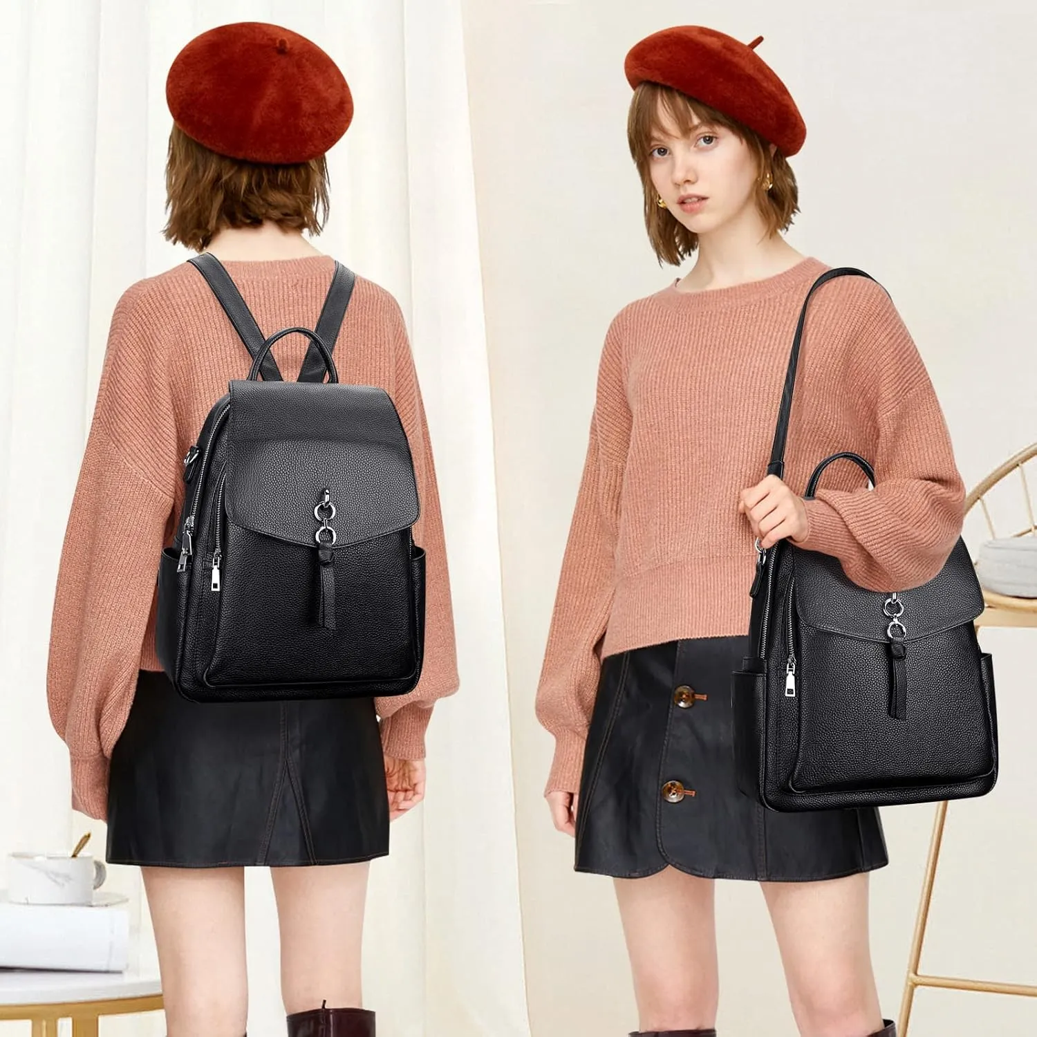 ALTOSY Women Leather Backpack Purse Fashion Convertible Ladies Shoulder Bag with Flap (S96 Classic Black)