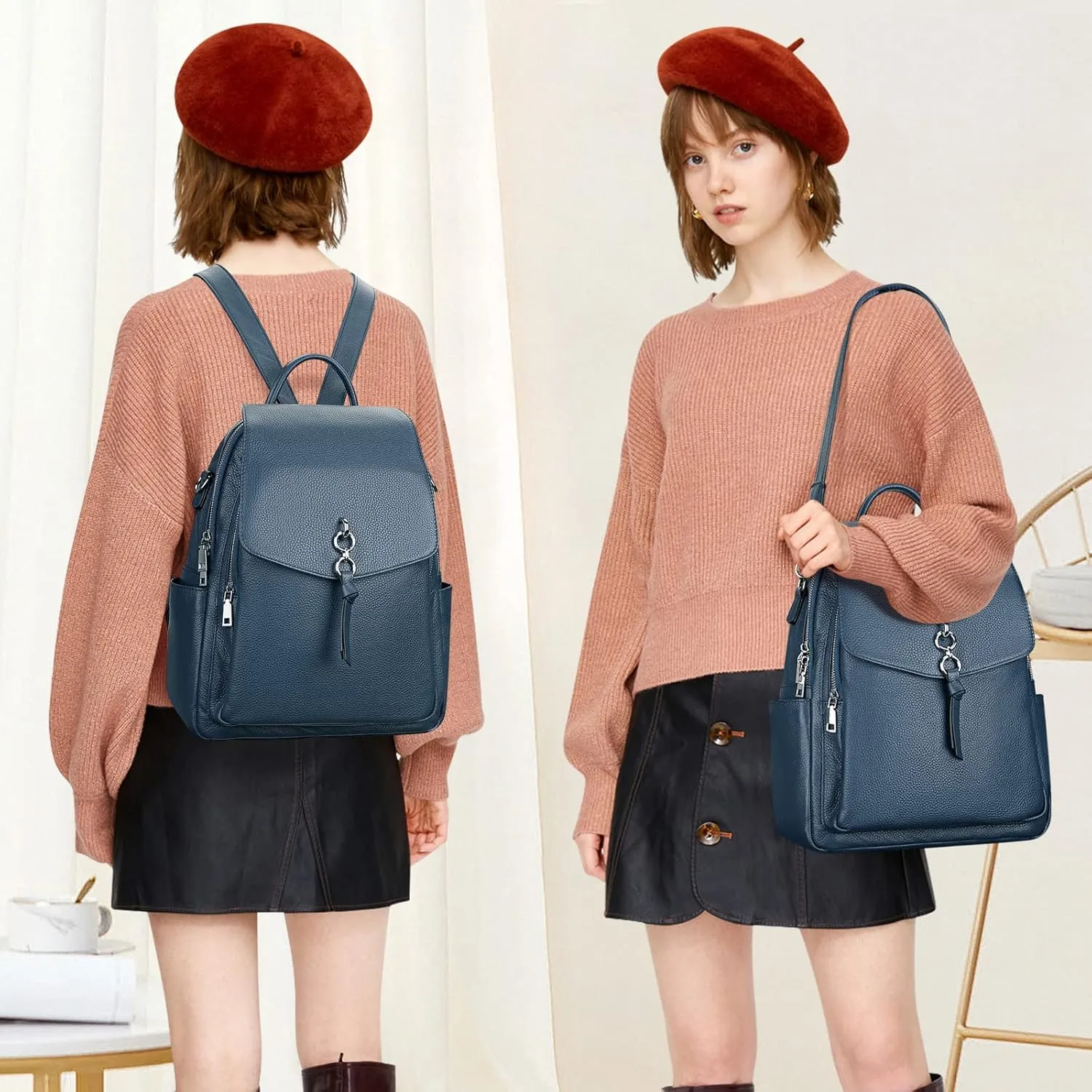 ALTOSY Women Leather Backpack Purse Fashion Convertible Ladies Shoulder Bag with Flap (S96 Indigo Blue)
