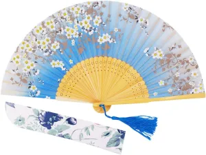 Amajiji 8.27"(21cm) Hand Held Bamboo Silk Folding Fan Hand Fan,Chinese/Japanese Charming Elegant Vintage Retro Style,Women Ladys Girls Best Gifts (SkyBlue)