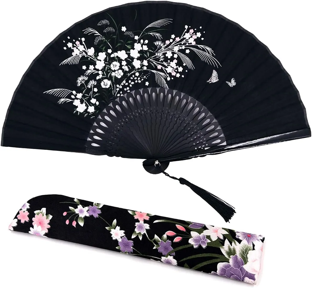 Amajiji Charming Elegant Modern Woman Handmade Bamboo Silk 8.27" (21cm) Folding Pocket Purse Hand Fan (Black)