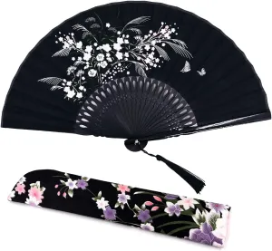 Amajiji Charming Elegant Modern Woman Handmade Bamboo Silk 8.27" (21cm) Folding Pocket Purse Hand Fan (Black)