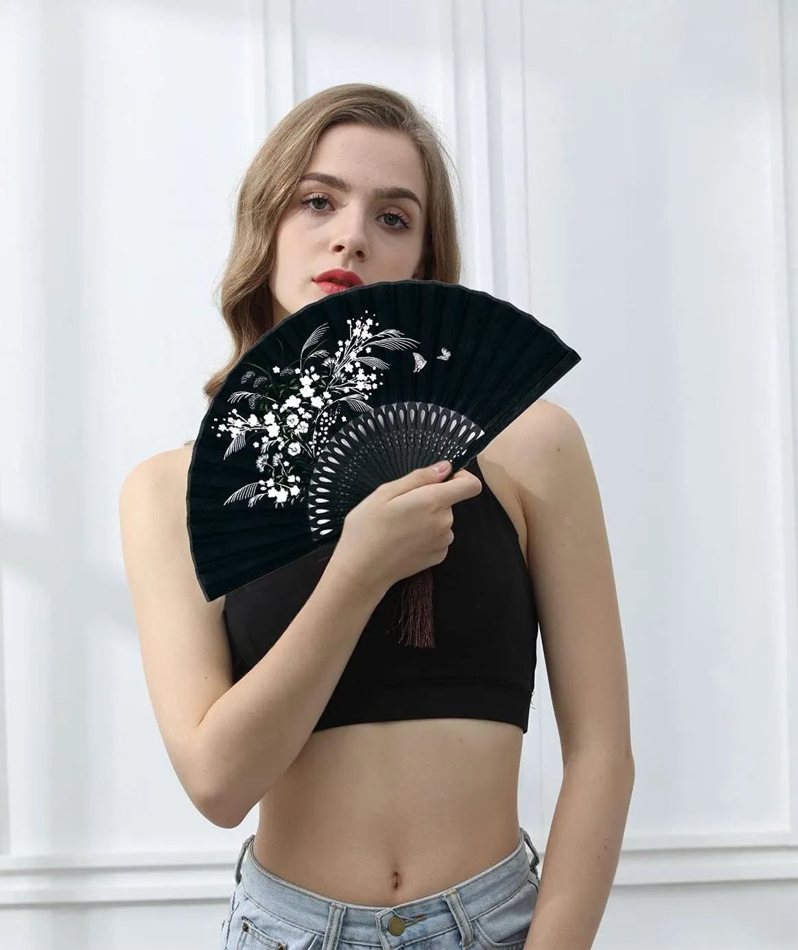 Amajiji Charming Elegant Modern Woman Handmade Bamboo Silk 8.27" (21cm) Folding Pocket Purse Hand Fan (Black)