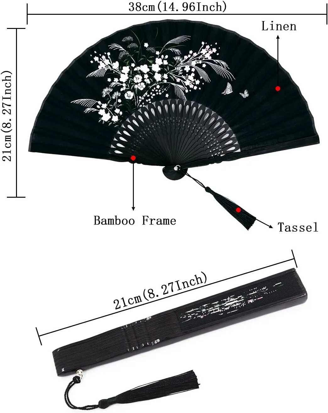 Amajiji Charming Elegant Modern Woman Handmade Bamboo Silk 8.27" (21cm) Folding Pocket Purse Hand Fan (Black)