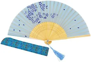 Amajiji Charming Elegant Modern Woman Handmade Bamboo Silk 8.27" (21cm) Folding Pocket Purse Hand Fan, Collapsible Transparent Holding Painted Fan with Silk Pouches/Wrapping. (CZT-03)