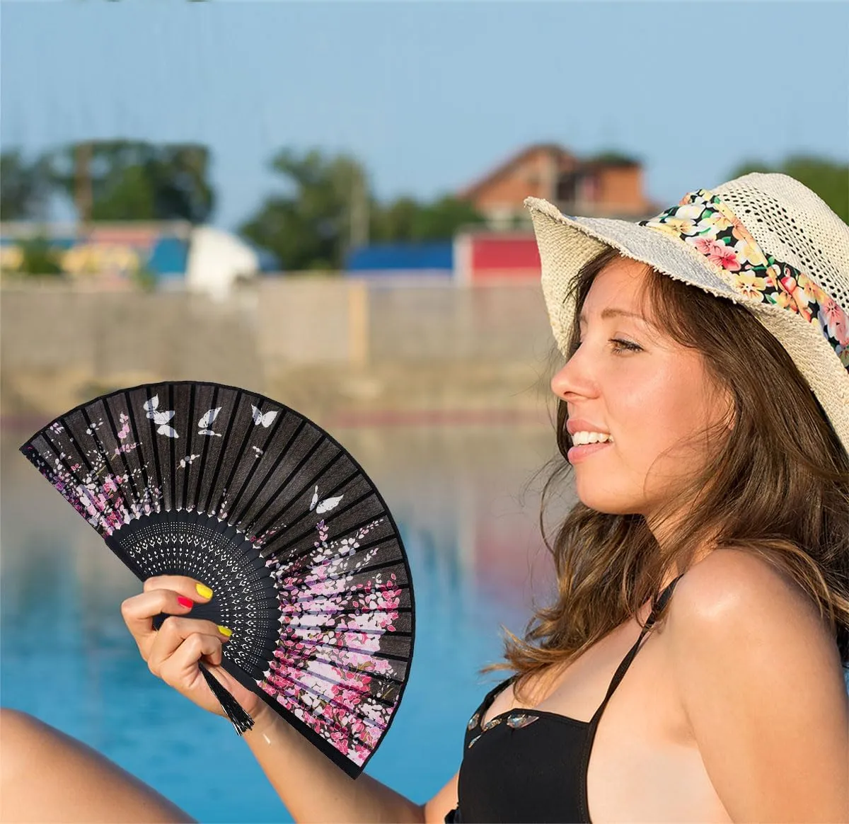 Amajiji Charming Elegant Modern Woman Handmade Bamboo Silk 8.27" (21cm) Folding Pocket Purse Hand Fan