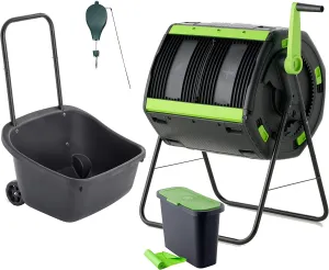 Amazon Exclusive Combo - 48 Gallon Compost Tumbler with Compost Cart, 9 Liter Compost bin, 3 Rolls of Corn Bags and Plant Caddy