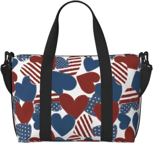 American Flag Heart Symbol Travel Bag for Women Men Weekender Bags Carry on Overnight Bag Tote Bag Yoga Gym Bag for Gym, Work, Weekend, Travel, Personal Items