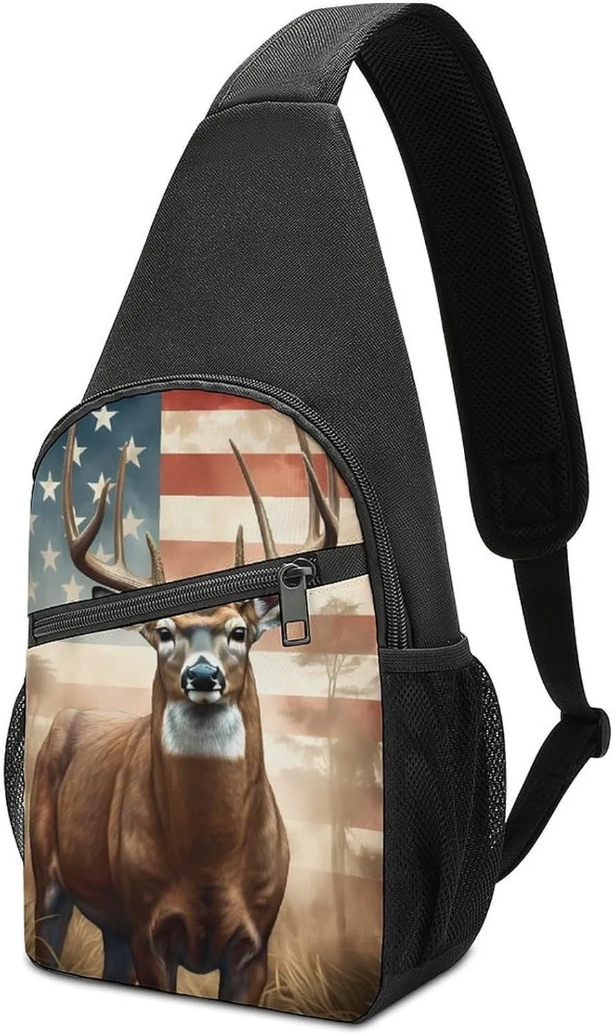 American Flag Hunting Deer Crossbody Sling Backpack Adjustable Straps Chest Bag for Hiking Traveling Outdoors