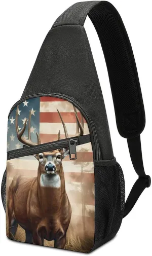 American Flag Hunting Deer Crossbody Sling Backpack Adjustable Straps Chest Bag for Hiking Traveling Outdoors