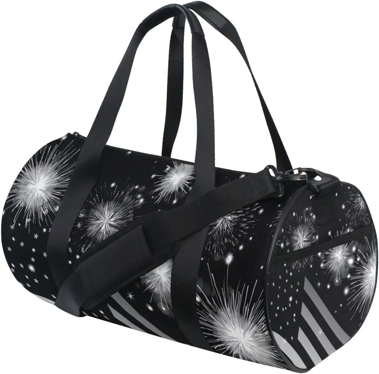 American Flag Shiny Sparkling Firework Independence Day July 4th Duffel Bag, Foldable Canvas Travel Tote for Gym Sports with Inner Pockets, Durable Lightweight Fitness Bag for Overnight Workout