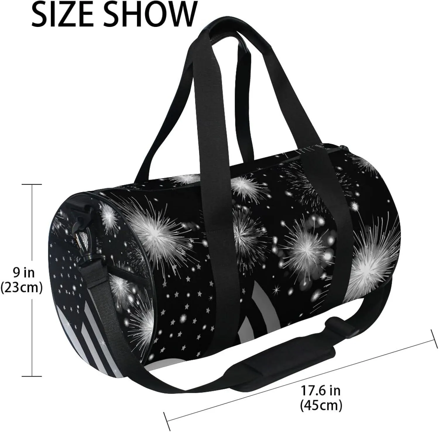 American Flag Shiny Sparkling Firework Independence Day July 4th Duffel Bag, Foldable Canvas Travel Tote for Gym Sports with Inner Pockets, Durable Lightweight Fitness Bag for Overnight Workout