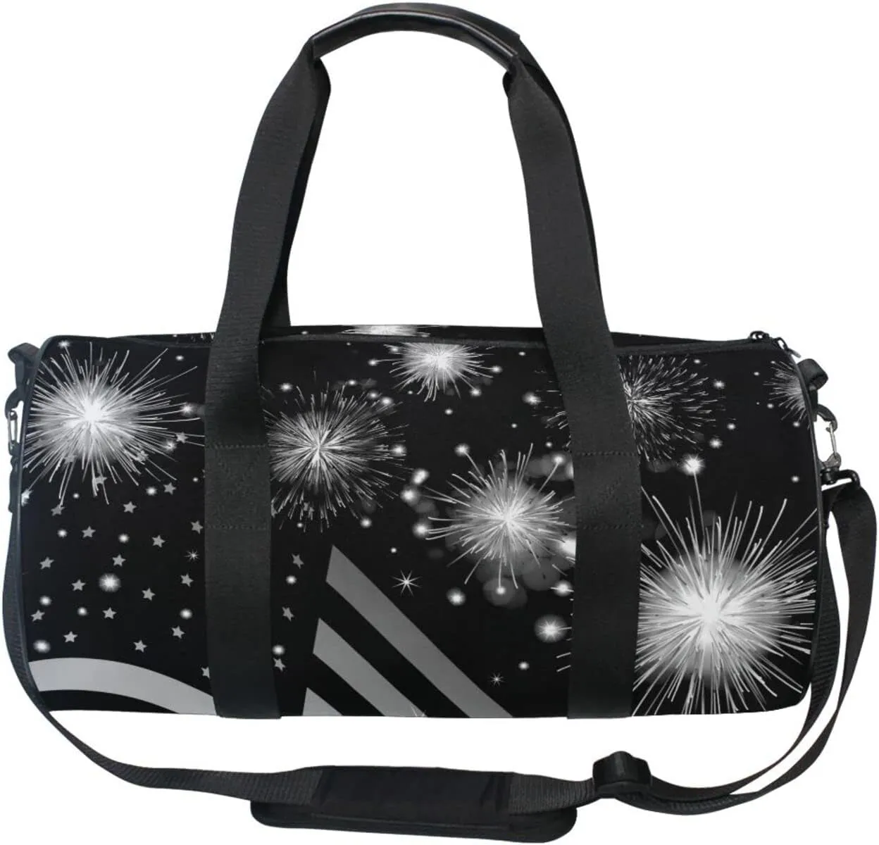 American Flag Shiny Sparkling Firework Independence Day July 4th Duffel Bag, Foldable Canvas Travel Tote for Gym Sports with Inner Pockets, Durable Lightweight Fitness Bag for Overnight Workout