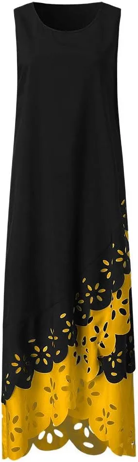and Blue Floral Sleeveless Maxi Dress for Women with V-Neck and Elegant Design