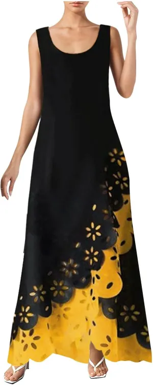 and Blue Floral Sleeveless Maxi Dress for Women with V-Neck and Elegant Design