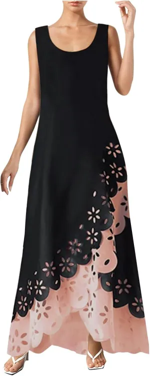 and Blue Floral Sleeveless Maxi Dress for Women with V-Neck and Elegant Design