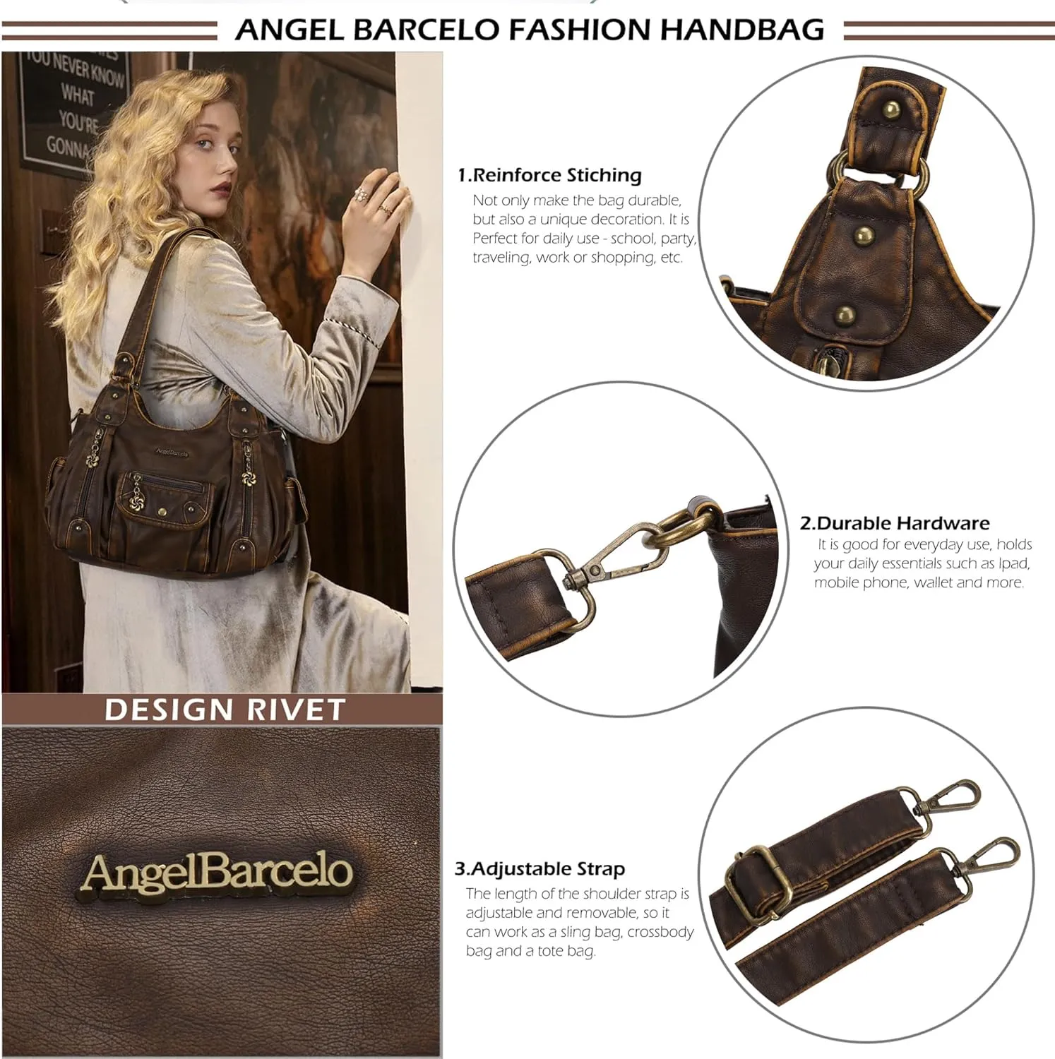 Angel Barcelo Womens Purses and Handbags PU Leather Shoulder Bag Fashion Hobo Bags for Girls