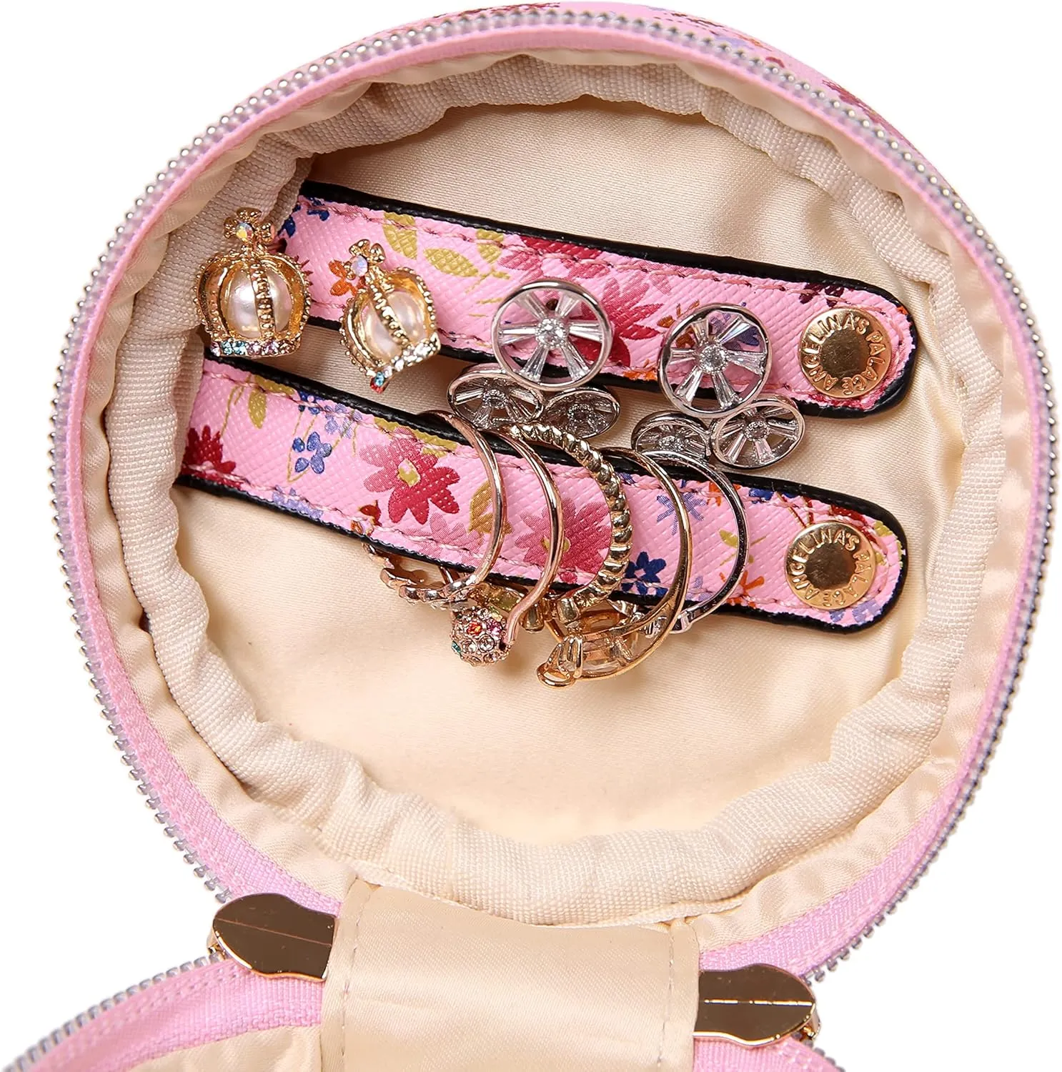 Angelina's Palace Round Jewelry Organizer Case Travel Bag Bridesmaid Gifts Vegan Leather Box for Necklace Earring Bracelet Ring(blossom pink)