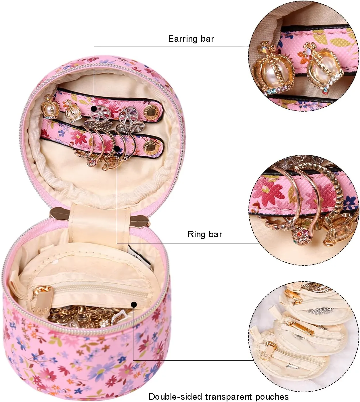 Angelina's Palace Round Jewelry Organizer Case Travel Bag Bridesmaid Gifts Vegan Leather Box for Necklace Earring Bracelet Ring(blossom pink)