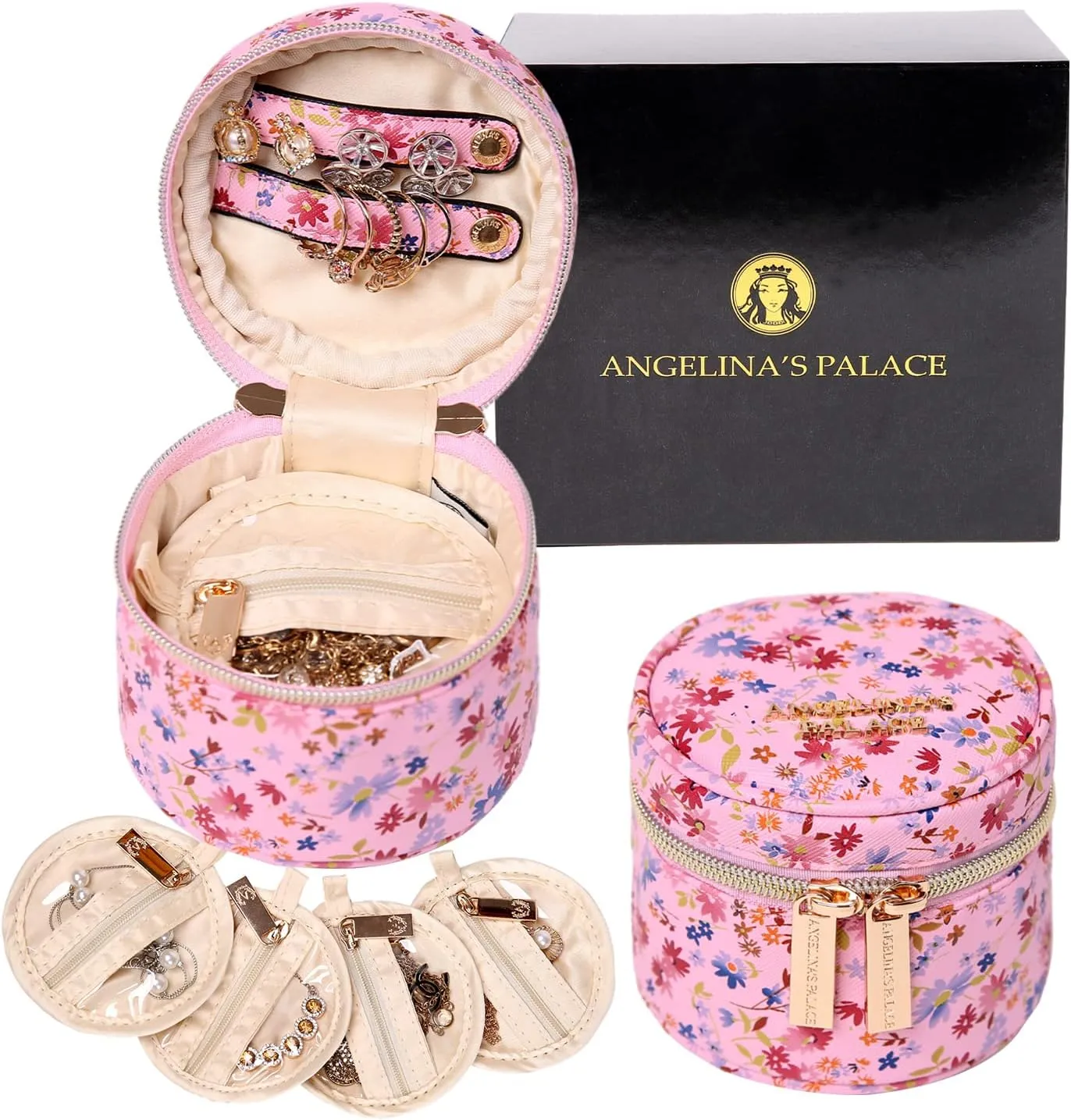 Angelina's Palace Round Jewelry Organizer Case Travel Bag Bridesmaid Gifts Vegan Leather Box for Necklace Earring Bracelet Ring(blossom pink)