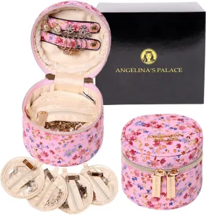 Angelina's Palace Round Jewelry Organizer Case Travel Bag Bridesmaid Gifts Vegan Leather Box for Necklace Earring Bracelet Ring(blossom pink)