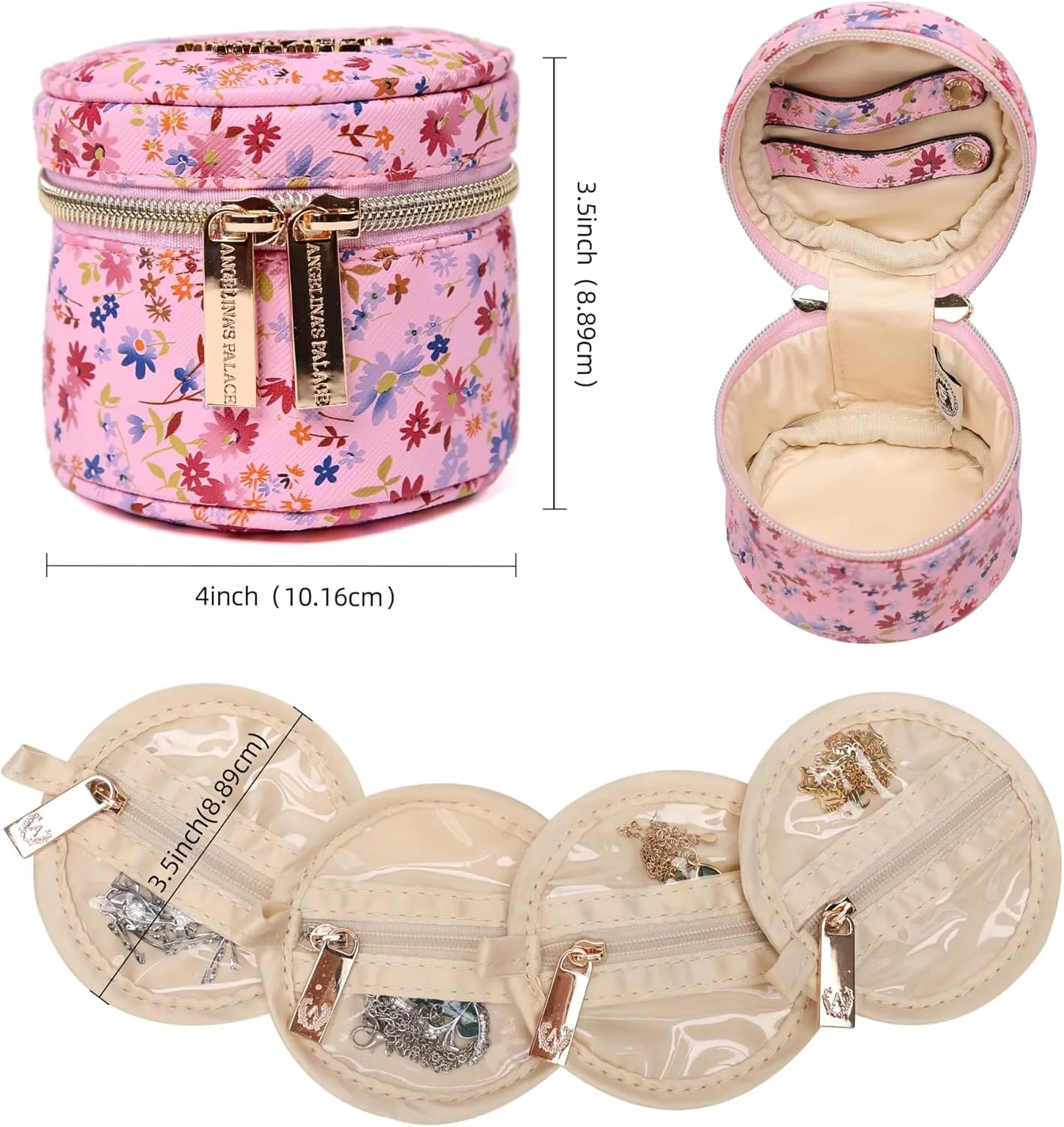 Angelina's Palace Round Jewelry Organizer Case Travel Bag Bridesmaid Gifts Vegan Leather Box for Necklace Earring Bracelet Ring(blossom pink)