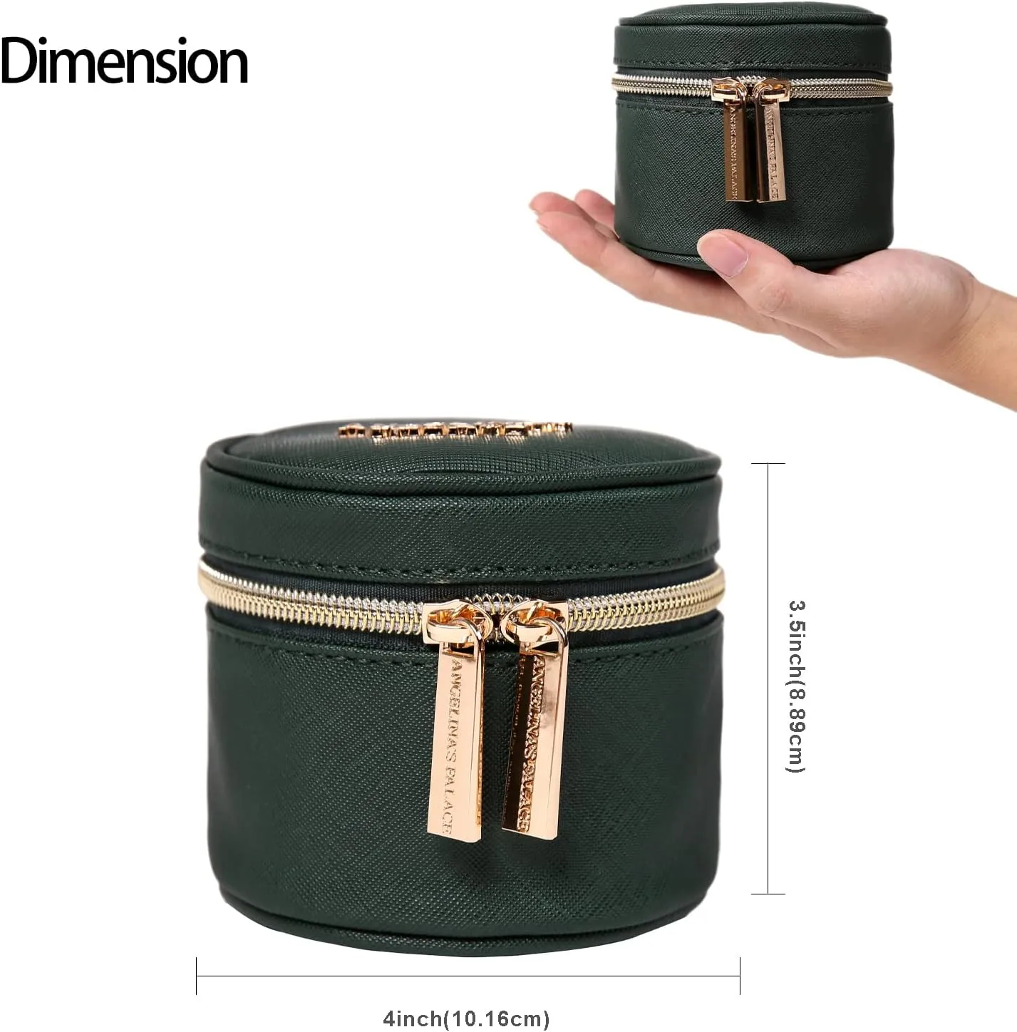 Angelina's Palace Round Jewelry Organizer Case Travel Bag Bridesmaid Gifts Vegan Leather Box for Necklace Earring Bracelet Ring(deep evergreen)