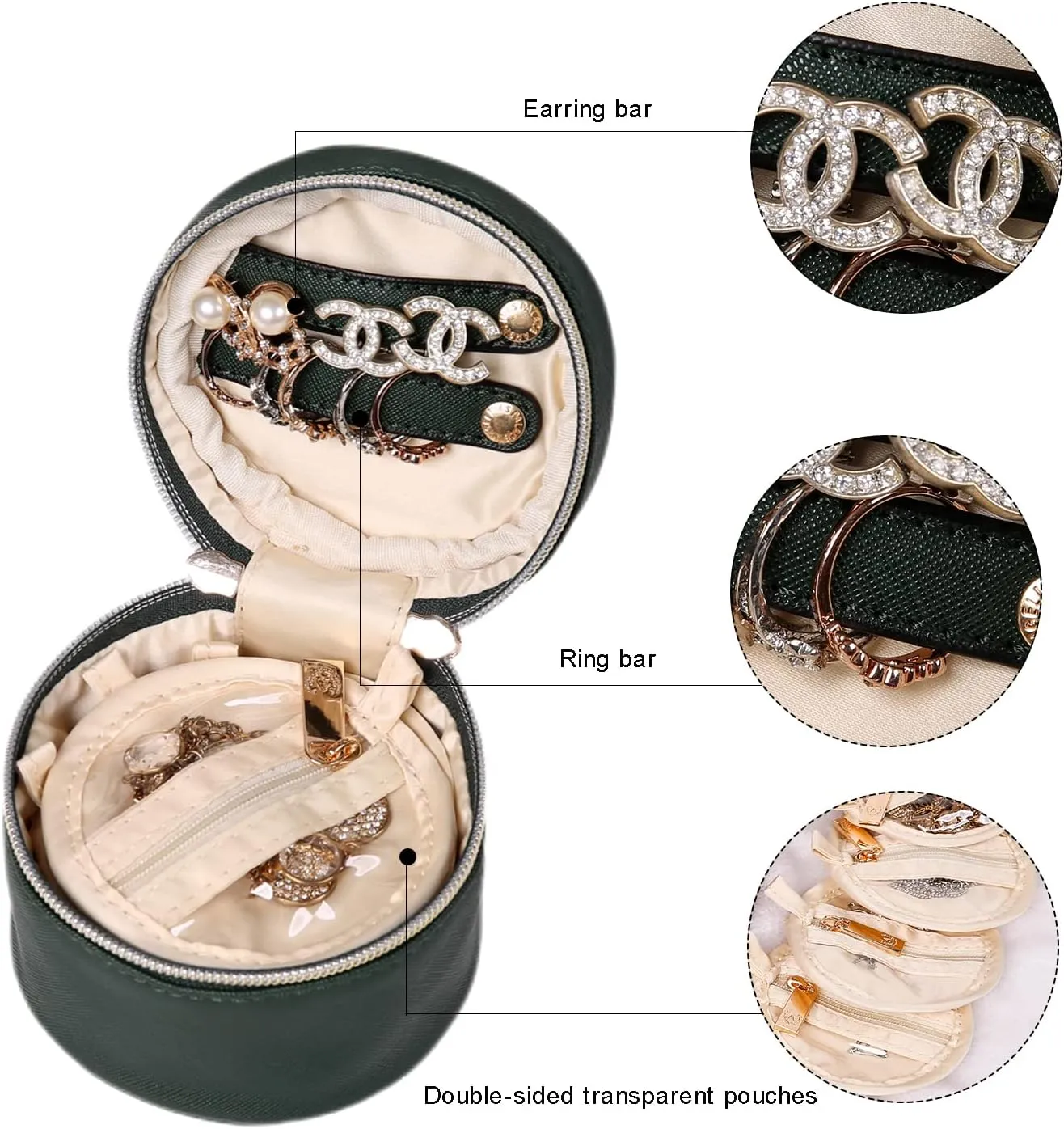 Angelina's Palace Round Jewelry Organizer Case Travel Bag Bridesmaid Gifts Vegan Leather Box for Necklace Earring Bracelet Ring(deep evergreen)