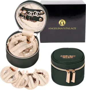 Angelina's Palace Round Jewelry Organizer Case Travel Bag Bridesmaid Gifts Vegan Leather Box for Necklace Earring Bracelet Ring(deep evergreen)