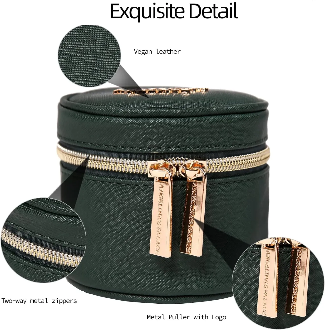 Angelina's Palace Round Jewelry Organizer Case Travel Bag Bridesmaid Gifts Vegan Leather Box for Necklace Earring Bracelet Ring(deep evergreen)