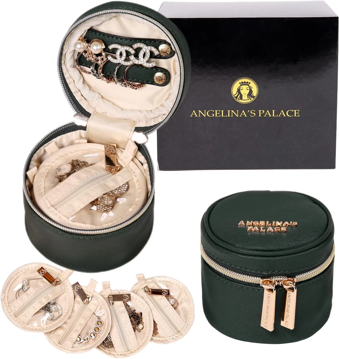 Angelina's Palace Round Jewelry Organizer Case Travel Bag Bridesmaid Gifts Vegan Leather Box for Necklace Earring Bracelet Ring(deep evergreen)