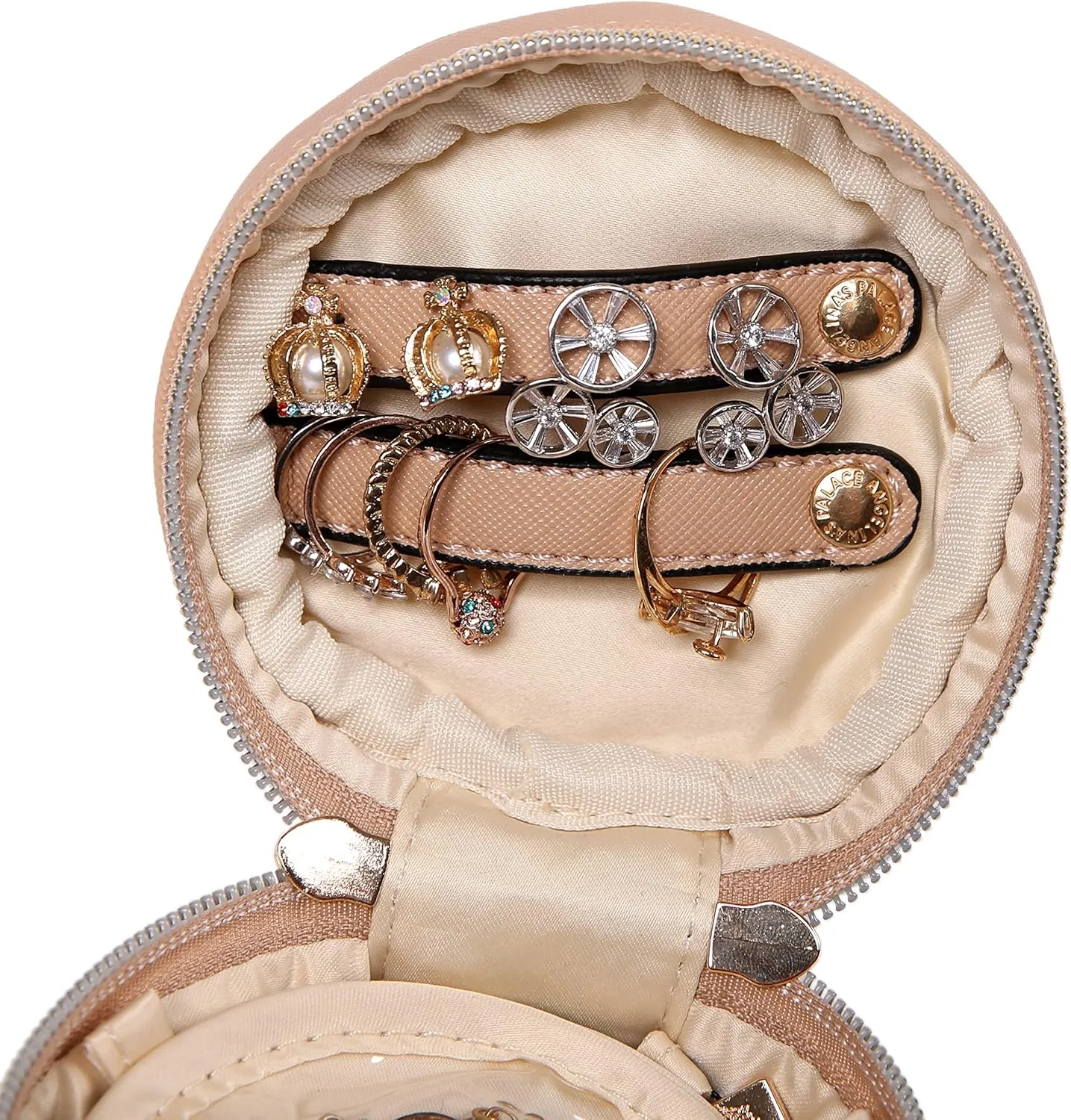 Angelina's Palace Round Jewelry Organizer Case Travel Bag Bridesmaid Gifts Vegan Leather Box for Necklace Earring Bracelet Ring(light fawn)