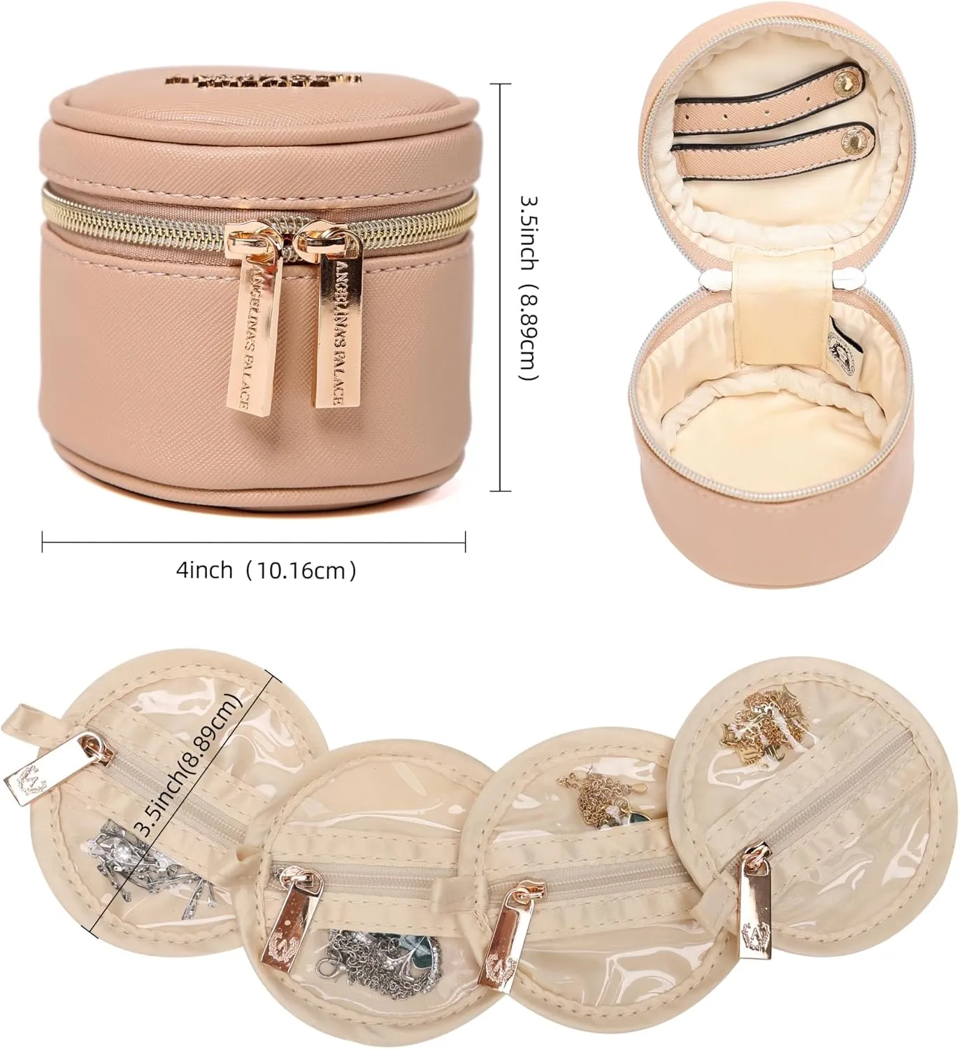 Angelina's Palace Round Jewelry Organizer Case Travel Bag Bridesmaid Gifts Vegan Leather Box for Necklace Earring Bracelet Ring(light fawn)