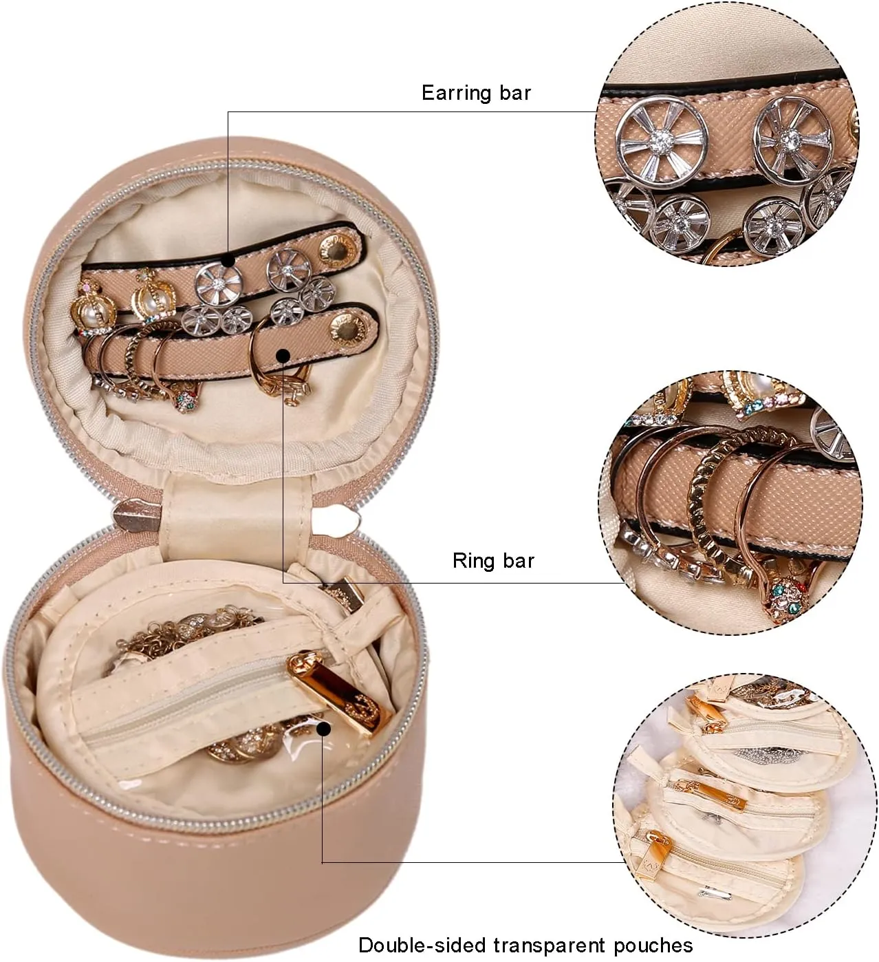 Angelina's Palace Round Jewelry Organizer Case Travel Bag Bridesmaid Gifts Vegan Leather Box for Necklace Earring Bracelet Ring(light fawn)