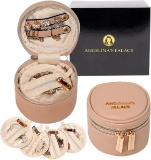 Angelina's Palace Round Jewelry Organizer Case Travel Bag Bridesmaid Gifts Vegan Leather Box for Necklace Earring Bracelet Ring(light fawn)