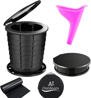 ANJ OUTDOORS Retractable Camping Toilet with Female Urinal | Adjustable Height Portable Toilet for Adults and Kids | Portable Potty, Camp Toilet, Travel Toilet Set, Black