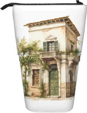 Antique Building with Roman Olive Branch and Greek print Vertical retractable pencil case storage bag for office travel daily makeup bags