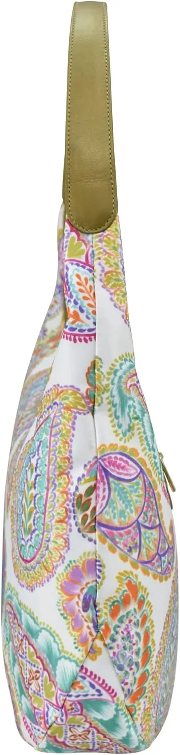 Anuschka Large Sling Hobo-Wanderlust Collection-Nylon Fabric with Leather Trim and Artwork Print