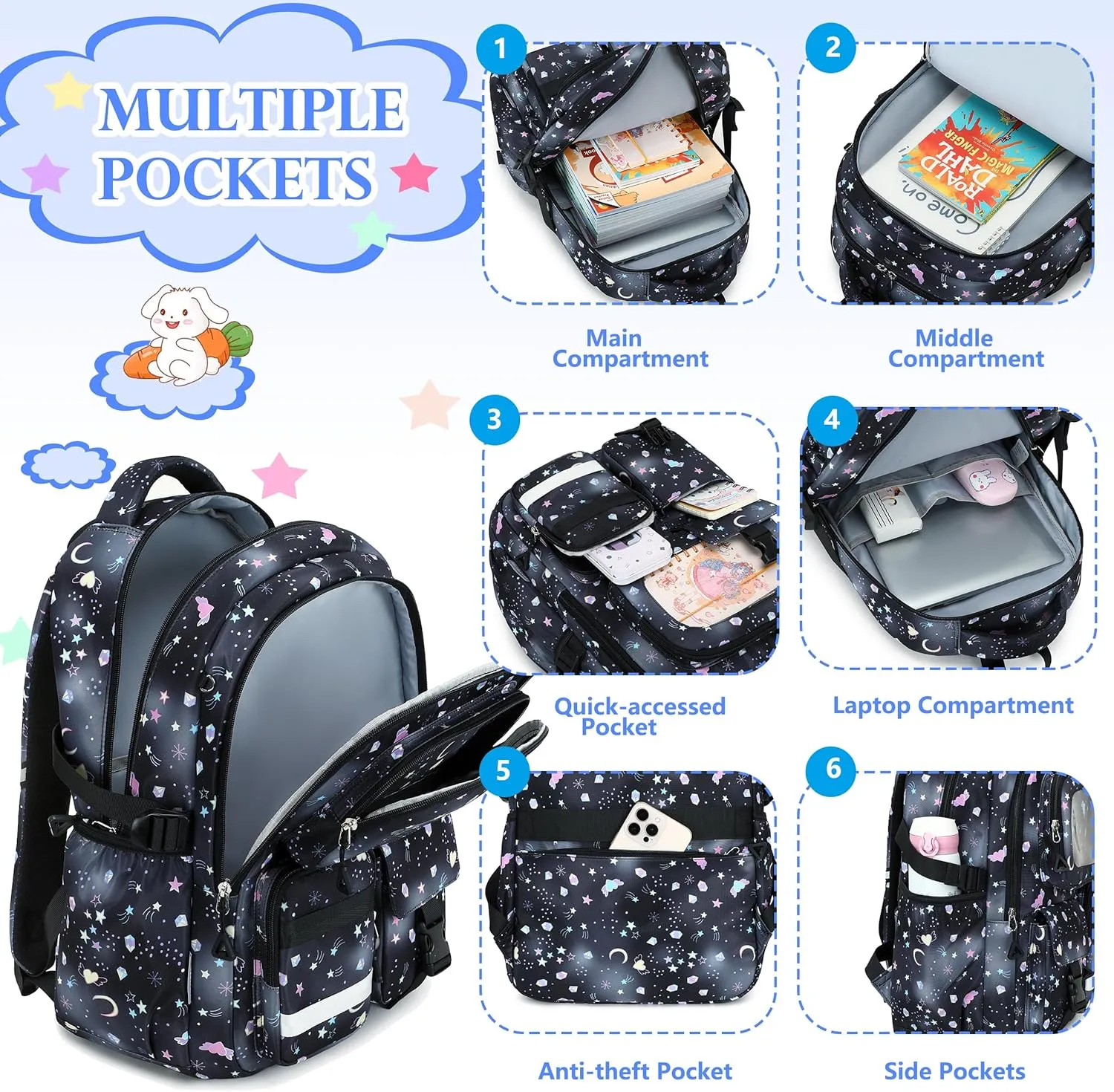 AO ALI VICTORY Backpack for Girls with Lunch Bag Pencil Case Kids School Bags for Kindergarten Elementary Middle Primary Schoolbag Cute 16 inch Laptop Bookbag Students 3 PCS Cute Bookbag, Black Set
