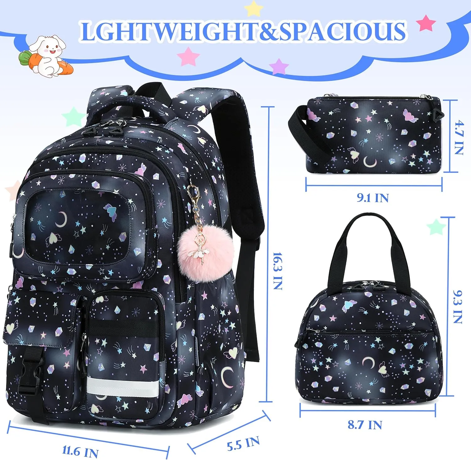 AO ALI VICTORY Backpack for Girls with Lunch Bag Pencil Case Kids School Bags for Kindergarten Elementary Middle Primary Schoolbag Cute 16 inch Laptop Bookbag Students 3 PCS Cute Bookbag, Black Set